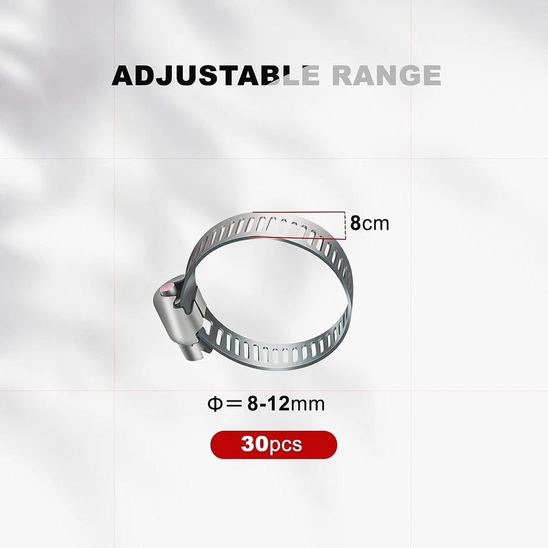Juasky 30pcs Adjustable Worm Gear Hose Clamp Stainless Steel Pipe Clamps, 3/10"-1/2"(8-12mm) Tube Clamp Tool for Water Pipe, Plumbing, Fuel Line,Intercooler - Image 2