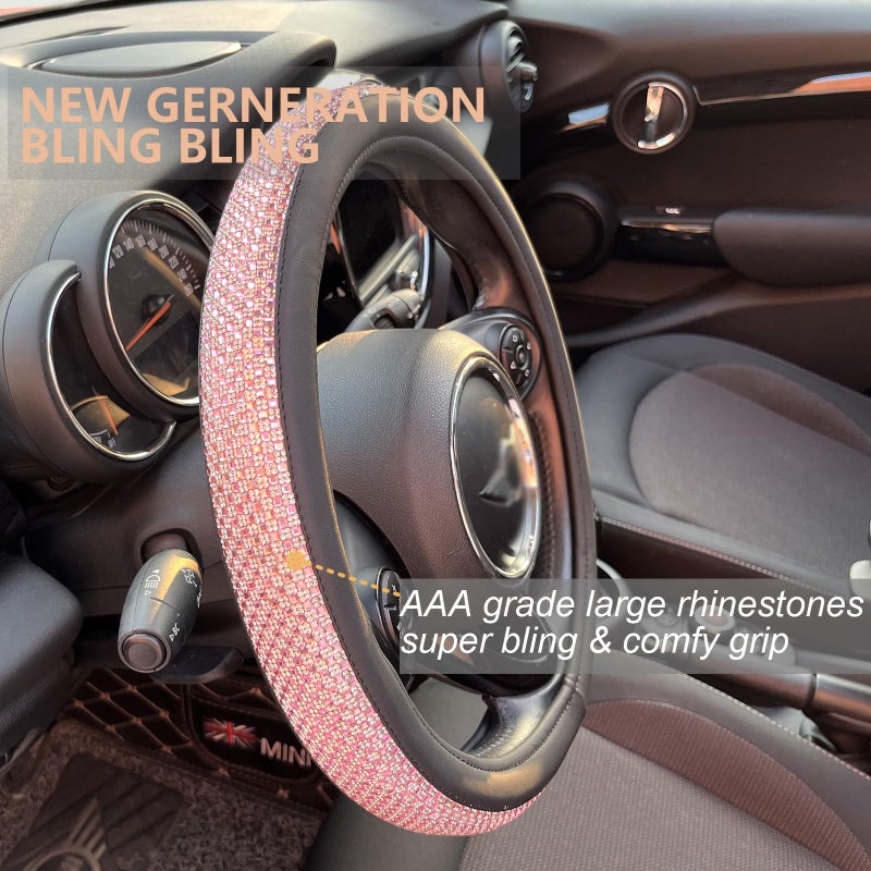 PINCTROT Bling Bling Comfy Steering Wheel Cover with Jumbo Crystal Rhinestones, Anti-Slip Diamond Leather, Universal 15 Inch (Pink) - Image 2