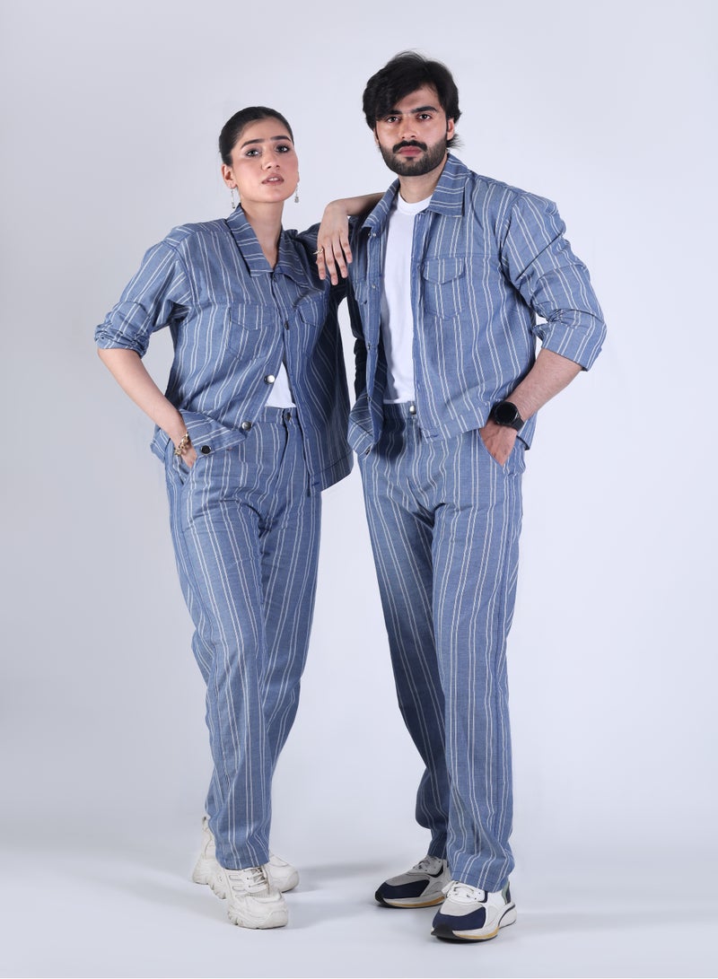 Ambittrends Unisex Blue Striped Co-Ord Set – Shirt & Pants - Image 1