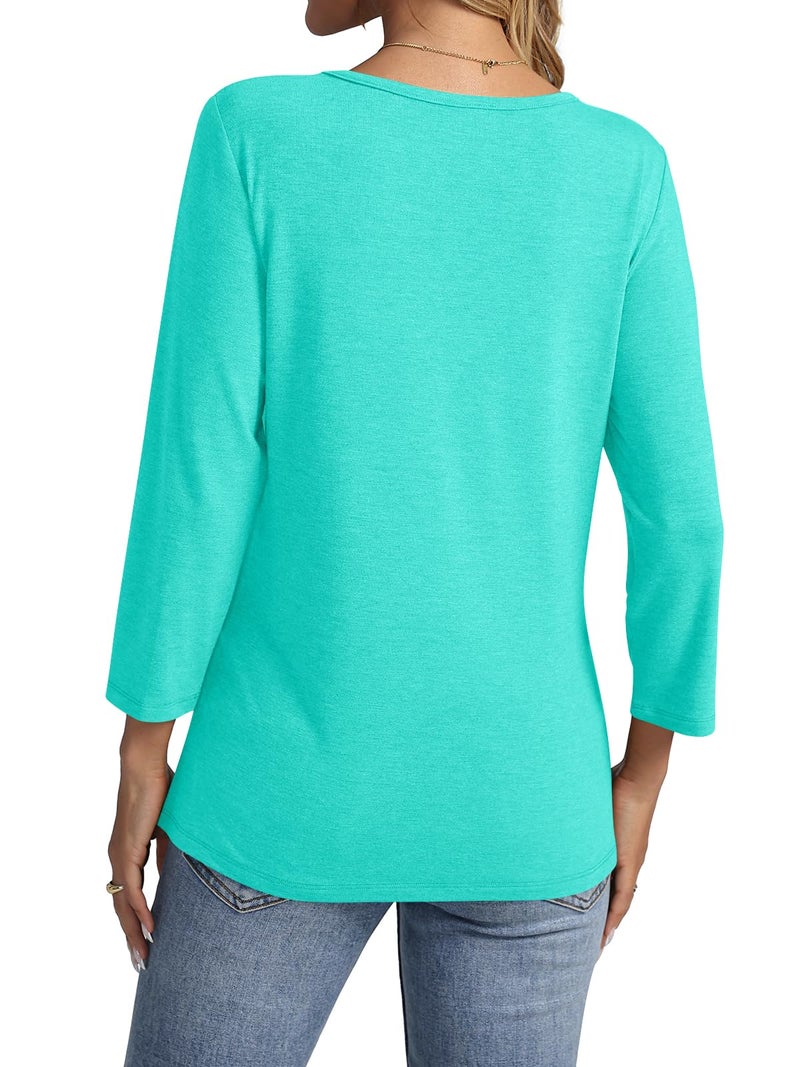 TICTICMISS V Neck T Shirts for Women 3/4 Length Sleeve Womens Tops Casual Loose Fit Tunics Tops Aqua - Image 5