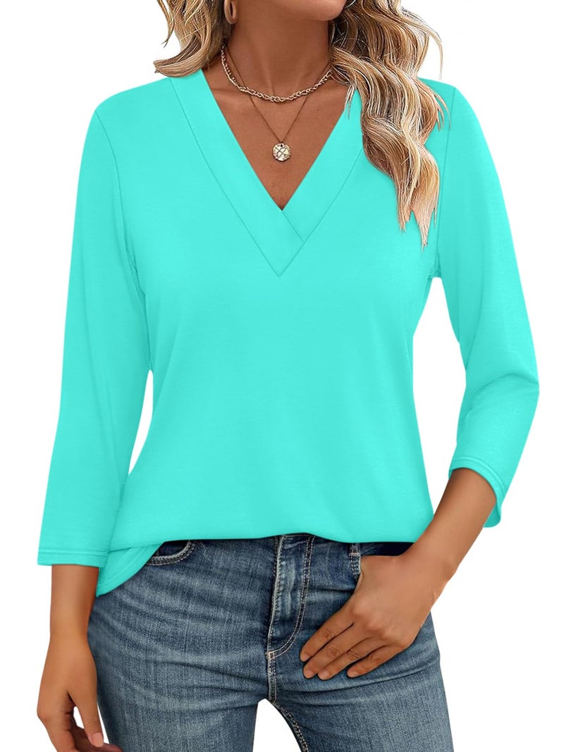TICTICMISS V Neck T Shirts for Women 3/4 Length Sleeve Womens Tops Casual Loose Fit Tunics Tops Aqua - Image 1