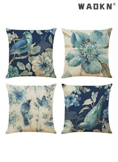 WAOKN Throw Pillow Covers Set of 4 Navy Blue Cushion Covers 45cm x 45cm with Floral and Birds Linen Square Decorative Throw Pillow Cases for Living Room Sofa Couch Bed Pillowcases 18 x 18 inch  - Image 1