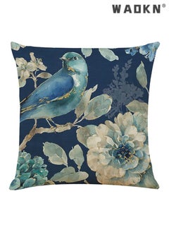 WAOKN Throw Pillow Covers Set of 4 Navy Blue Cushion Covers 45cm x 45cm with Floral and Birds Linen Square Decorative Throw Pillow Cases for Living Room Sofa Couch Bed Pillowcases 18 x 18 inch  - Image 3