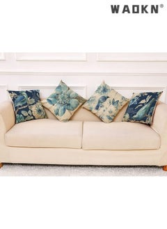 WAOKN Throw Pillow Covers Set of 4 Navy Blue Cushion Covers 45cm x 45cm with Floral and Birds Linen Square Decorative Throw Pillow Cases for Living Room Sofa Couch Bed Pillowcases 18 x 18 inch  - Image 2
