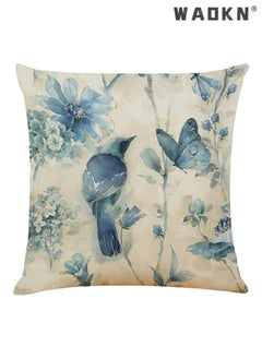 WAOKN Throw Pillow Covers Set of 4 Navy Blue Cushion Covers 45cm x 45cm with Floral and Birds Linen Square Decorative Throw Pillow Cases for Living Room Sofa Couch Bed Pillowcases 18 x 18 inch  - Image 5