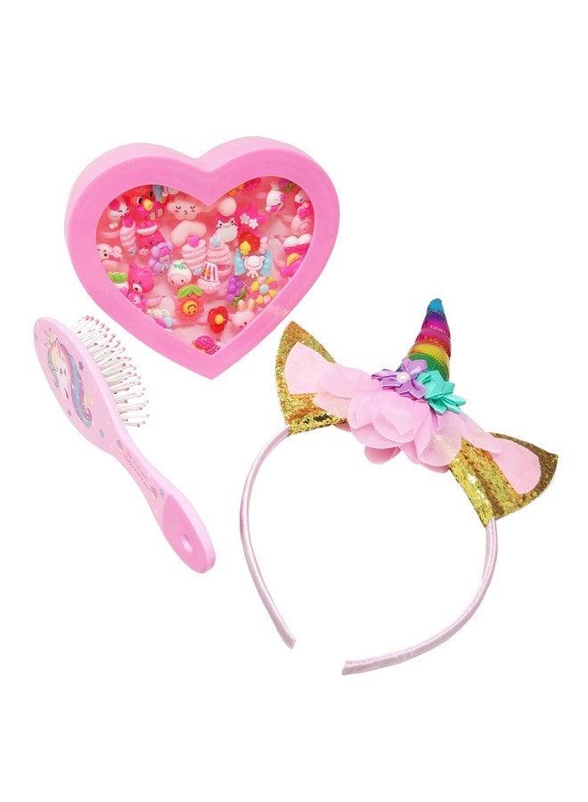 Parteet PARTEET Plastic Cute Unicorn Theme Combo Pack Of 3 Items 1 Modern Finger Rings Box(36Rings), 1 Unicorn Comb, And 1 Unicorn Hairband For Girl Kids, Pink  - Image 1