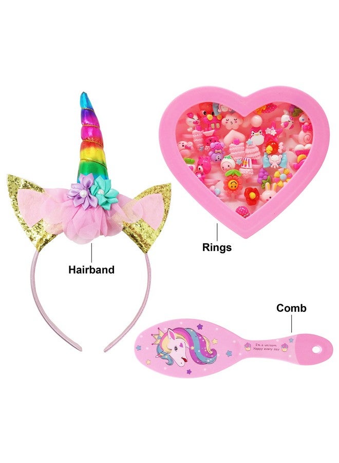 Parteet PARTEET Plastic Cute Unicorn Theme Combo Pack Of 3 Items 1 Modern Finger Rings Box(36Rings), 1 Unicorn Comb, And 1 Unicorn Hairband For Girl Kids, Pink  - Image 2