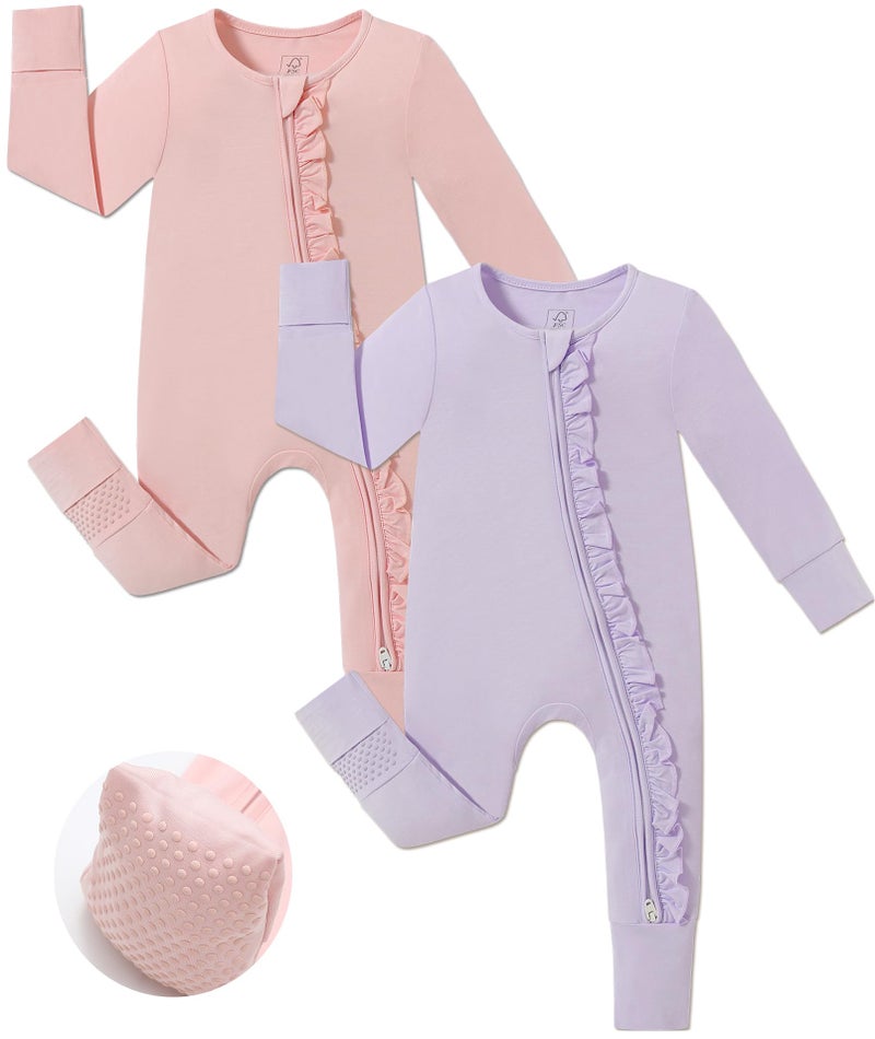 JunNeng Baby Girl Viscose from Bamboo Sleeper with Mitten Cuffs, 2 Way Zipper Romper, Sleep N' Play Pajamas Purple+Pink 6-12 Months - Image 1