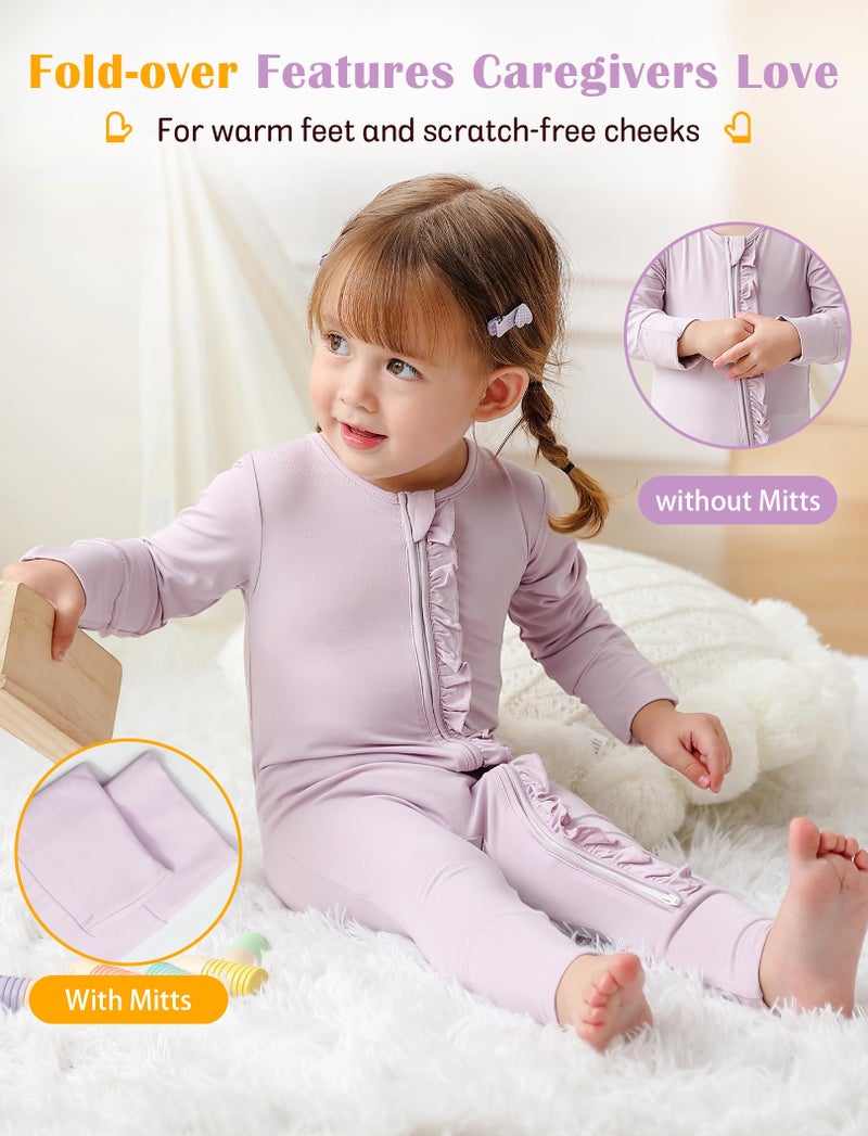 JunNeng Baby Girl Viscose from Bamboo Sleeper with Mitten Cuffs, 2 Way Zipper Romper, Sleep N' Play Pajamas Purple+Pink 6-12 Months - Image 4