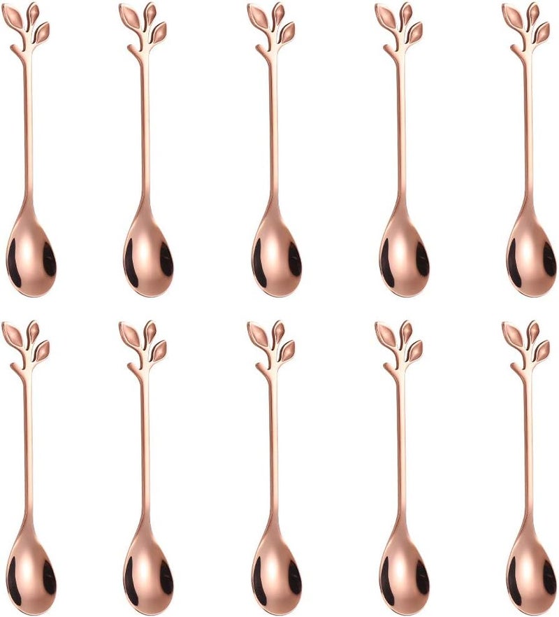 Elegant Rose Gold Leaf Coffee Spoons - 10-Piece, 4.7" Mini Stainless Steel Espresso & Dessert Tea Spoons, Perfect for Demitasse & Small Servings