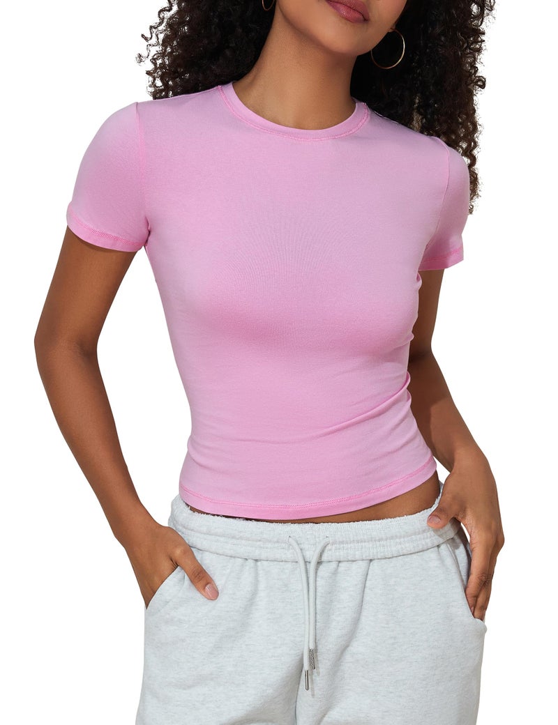 PrettyGuide Women's Short Sleeve Fitted T Shirt Crew Neck Tight Cotton Baby Tee Cute Summer Basic Tops Candy Pink M - Image 1