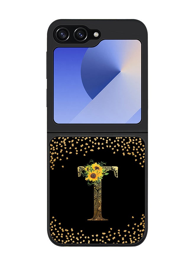 Stylizedd Rugged Black edge case for Samsung Galaxy Z Flip7 FE, Slim fit Case Flexible Cover - Custom Monogram Initial Letter Floral Pattern Alphabet - T ( Black ) - Image 1