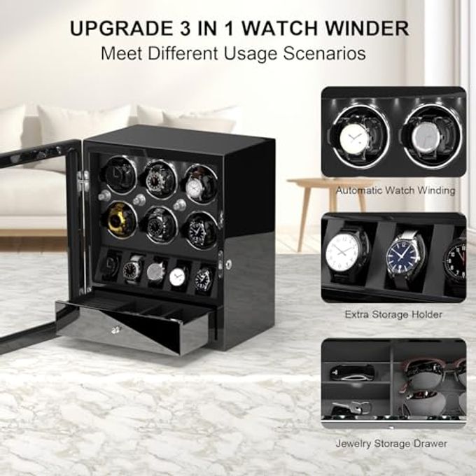 DUKWIN Watch Winder For 6 Automatic Watches,Lockable Watch Winders With Watch And Jewelry Storages, Super Quiet Mabuchi Motor With High-Gloss Piano Lacquer Finish,Built-In Illumination-Black - Image 2