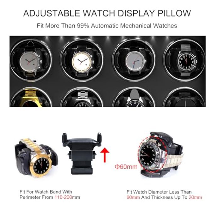 DUKWIN Watch Winder For 6 Automatic Watches,Lockable Watch Winders With Watch And Jewelry Storages, Super Quiet Mabuchi Motor With High-Gloss Piano Lacquer Finish,Built-In Illumination-Black - Image 3