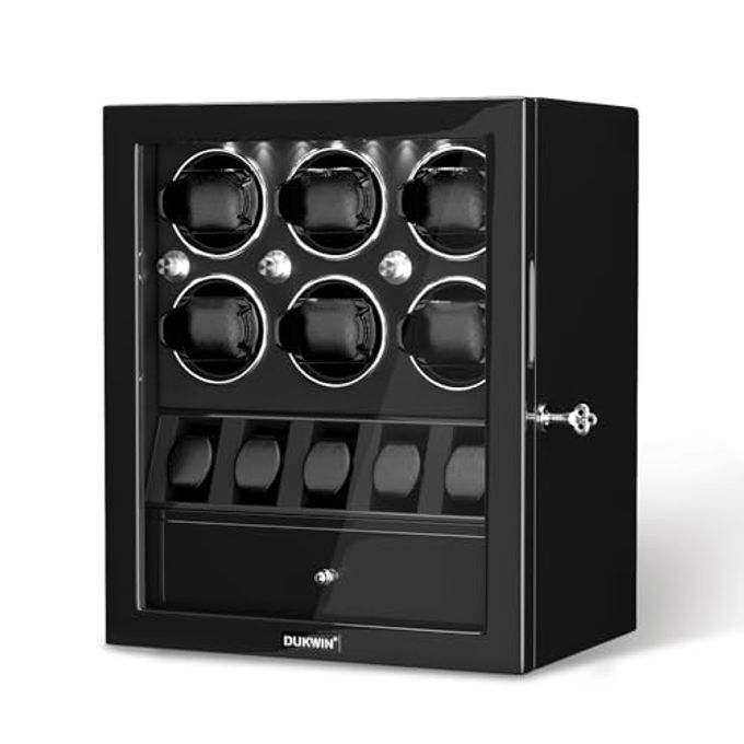 DUKWIN Watch Winder For 6 Automatic Watches,Lockable Watch Winders With Watch And Jewelry Storages, Super Quiet Mabuchi Motor With High-Gloss Piano Lacquer Finish,Built-In Illumination-Black - Image 1