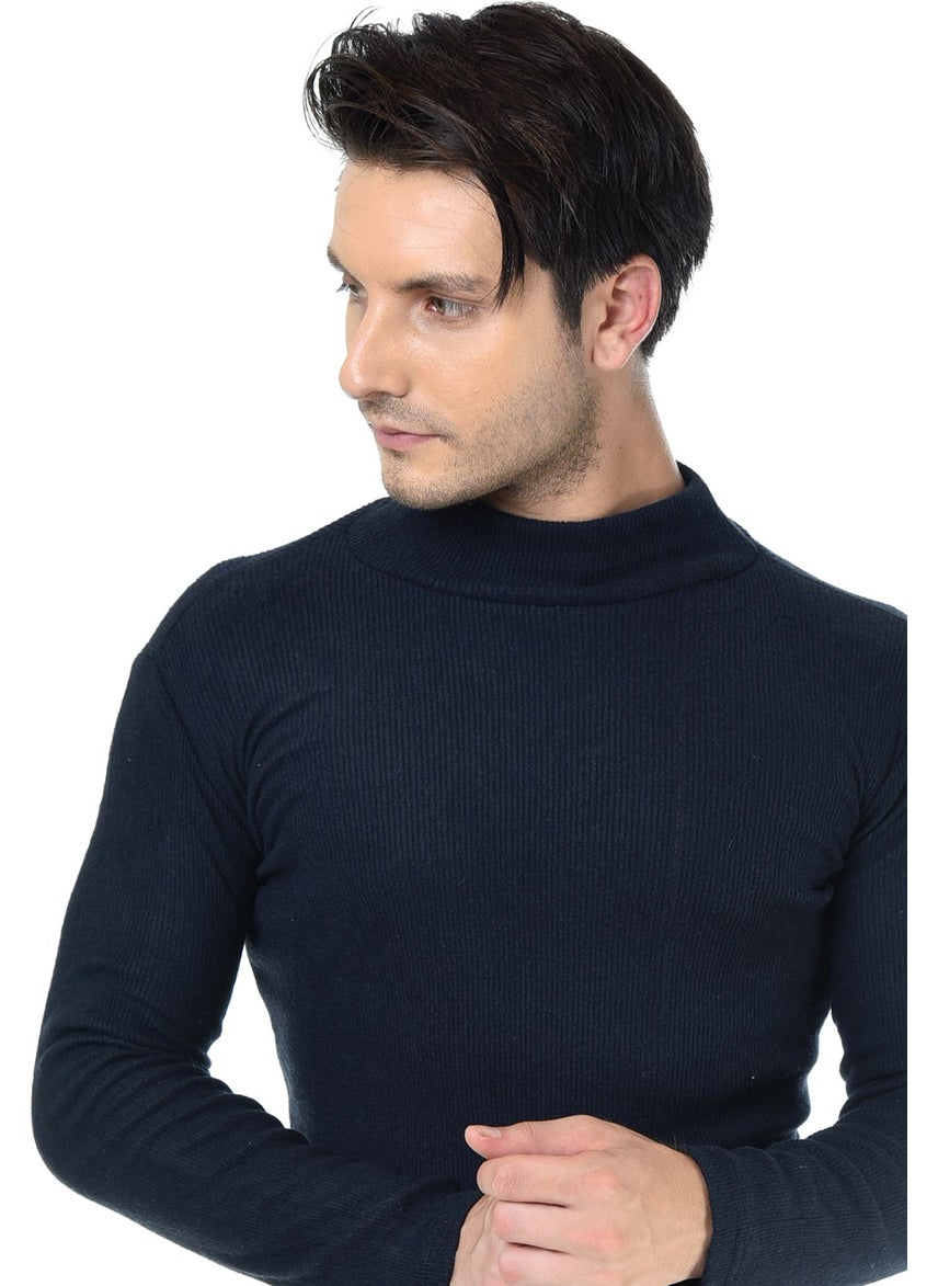 Belifanti Collection Men's Navy Blue Half Turtleneck Slim Fit Sweater  - Image 1