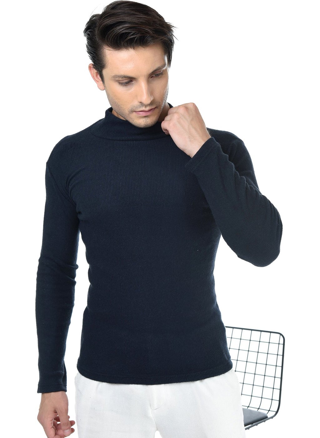 Belifanti Collection Men's Navy Blue Half Turtleneck Slim Fit Sweater  - Image 2