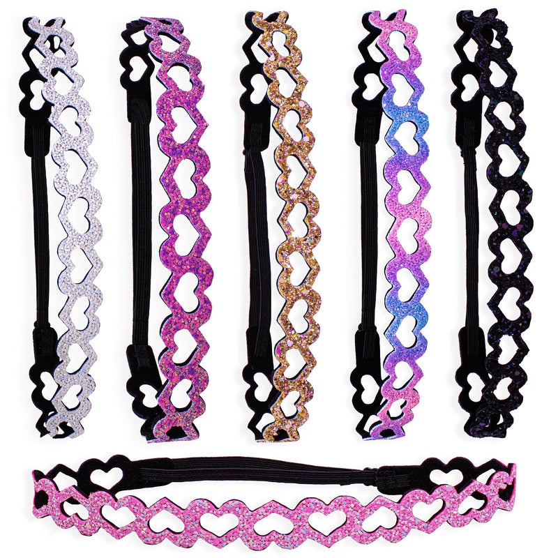 FROG SAC FROG SAC 6 Glitter Headbands for Girls, Adjustable Non Slip Thin Elastic Heart Hair Bands for Kids, Cute Stretchy Nonslip Teen Girl Hair Accessories, Sparkly Bling Headband for Tweens 