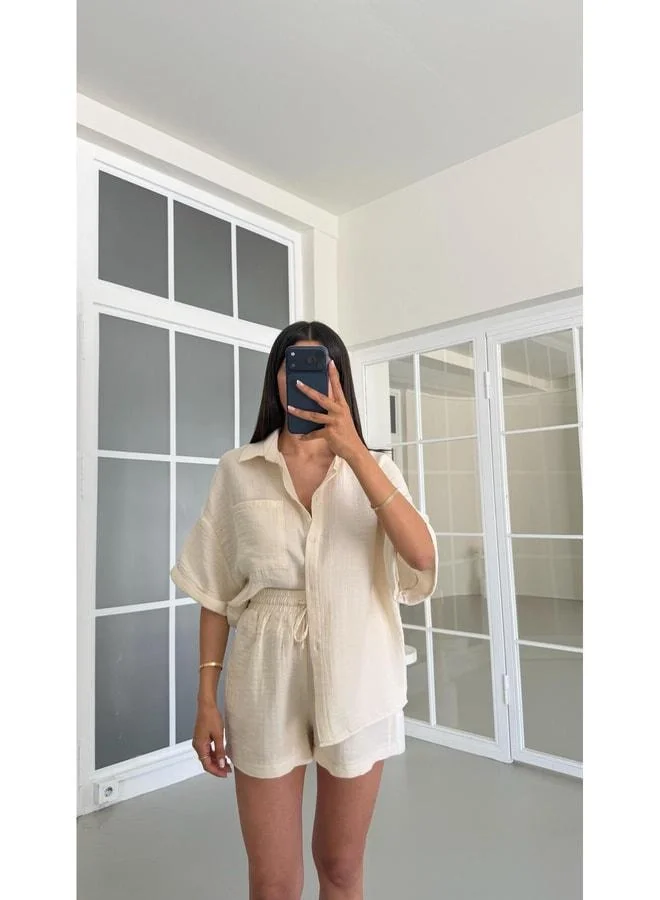 Gaus  Cream Shirt and Shorts Two-Piece Muslin Set GAUS-01671. for Women | Best Price UAE