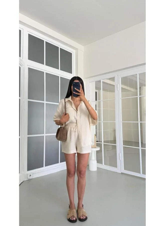 Gaus Cream Shirt and Shorts Two-Piece Muslin Set GAUS-01671.