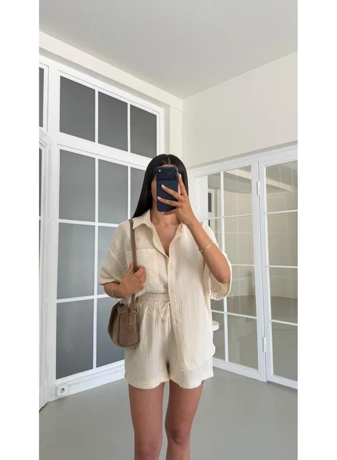 Cream Shirt and Shorts Two-Piece Muslin Set GAUS-01671.