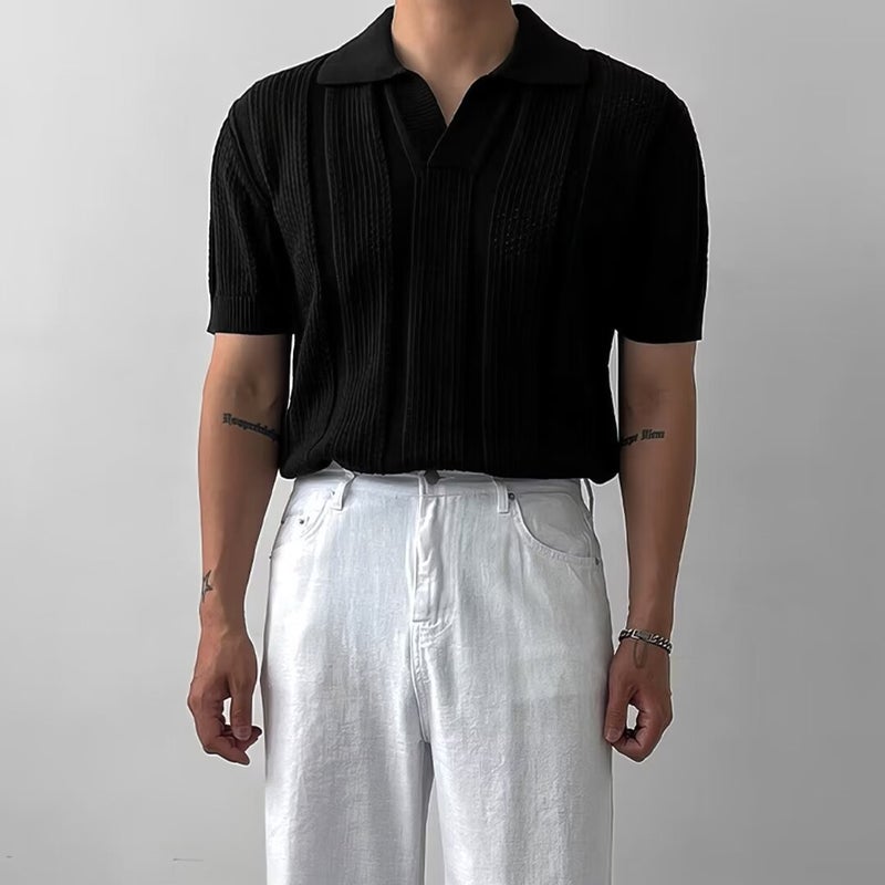 Knitted Short Sleeve Polo Shirt with Mesh Texture for Men - Image 4
