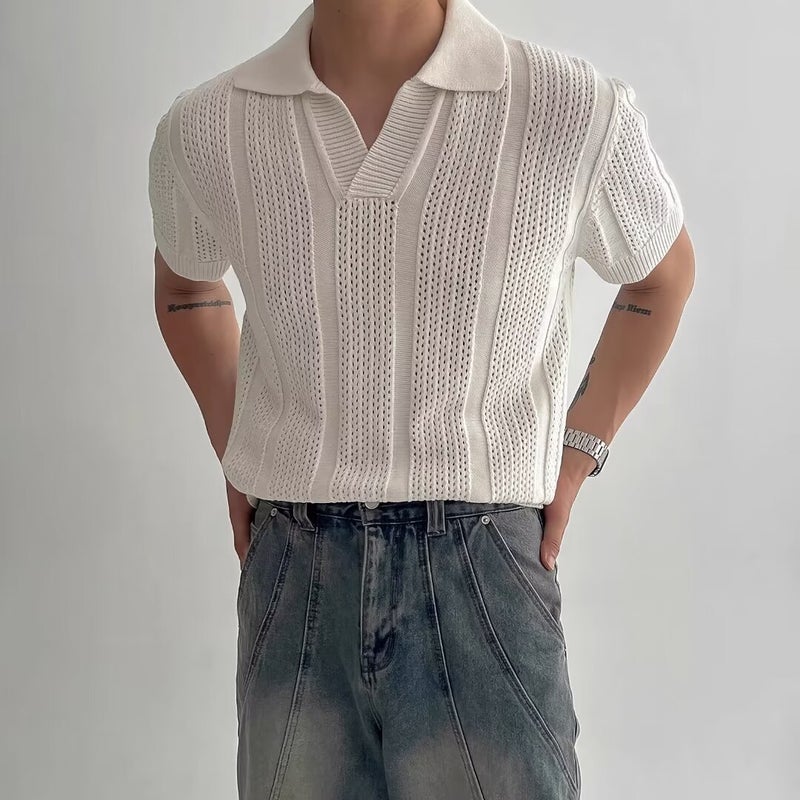 Knitted Short Sleeve Polo Shirt with Mesh Texture for Men - Image 1