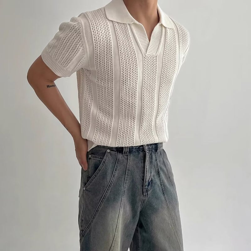 Knitted Short Sleeve Polo Shirt with Mesh Texture for Men - Image 2