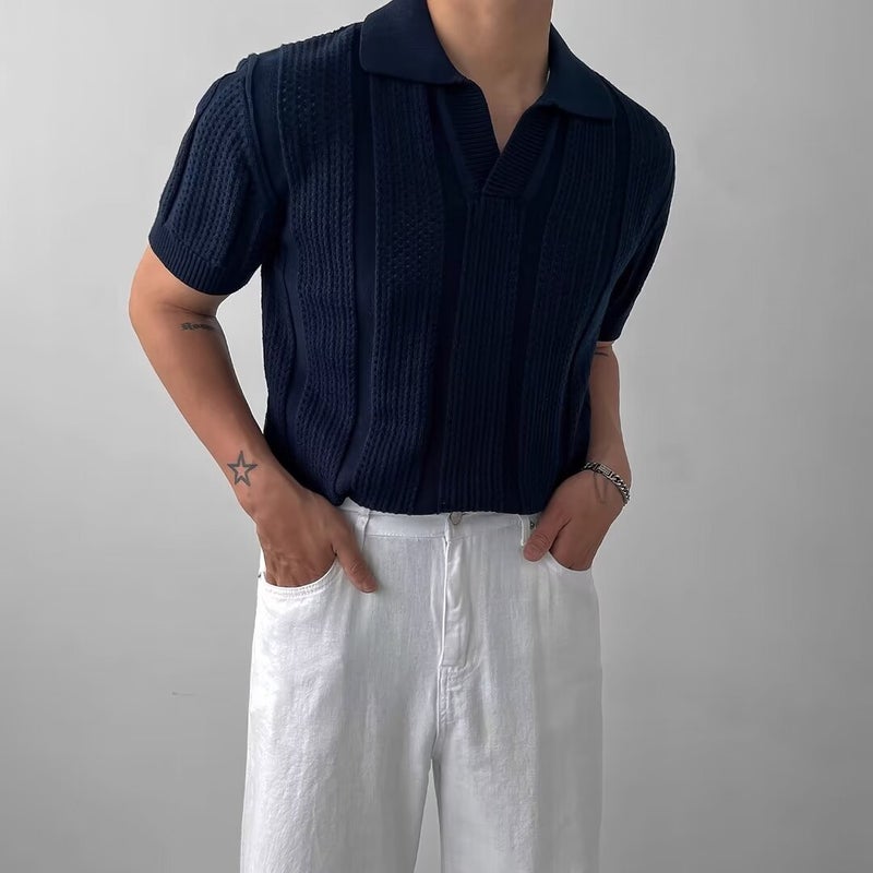 Knitted Short Sleeve Polo Shirt with Mesh Texture for Men - Image 3
