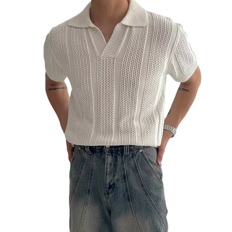 Knitted Short Sleeve Polo Shirt with Mesh Texture for Men - Image 5