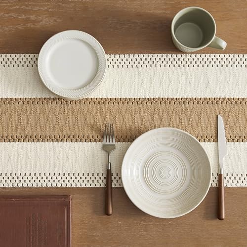 ZeeMart Macrame Style Bicolor Stitching Table Runner, 12 x 72 Inch Brown/Ivory, Boho Neutral Table Runners 72 Inches Long, Farmhouse Woven Home Decor - Image 5