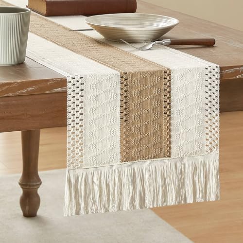 ZeeMart Macrame Style Bicolor Stitching Table Runner, 12 x 72 Inch Brown/Ivory, Boho Neutral Table Runners 72 Inches Long, Farmhouse Woven Home Decor - Image 1