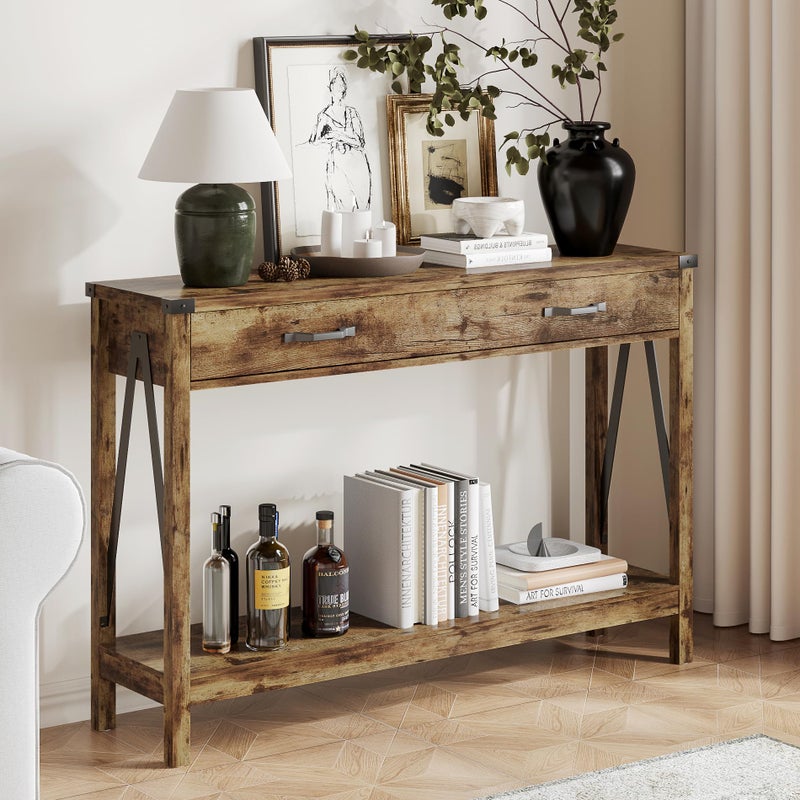 ChooChoo 47 Farmhouse Console Table with Drawer Entryway Table with Storage Shelf Rustic ADesign Sofa Table for Hallway Entrance Living Room Rustic Brown