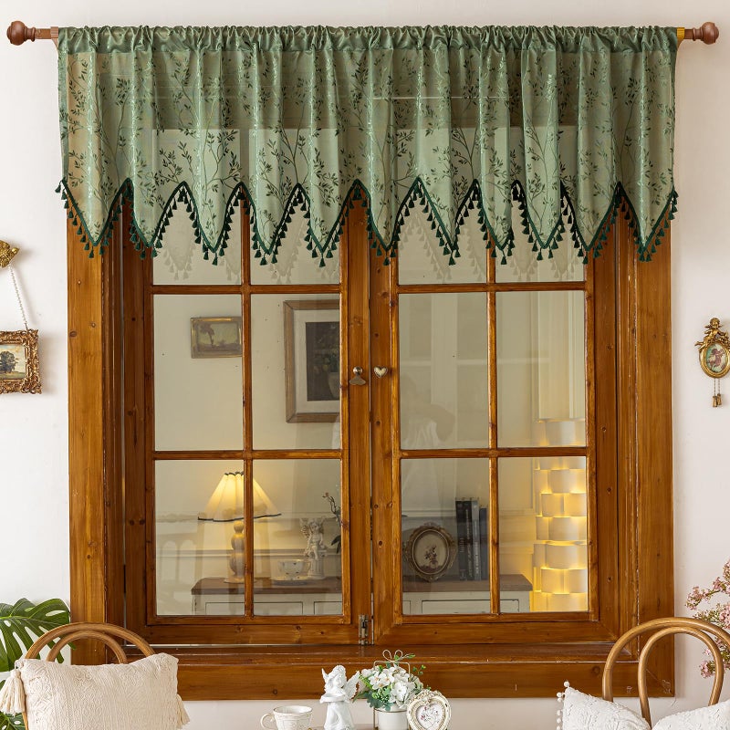 Huierxun Green Lace Triangle Sheer Valance Curtains for Windows Kitchen Living Room Bathroom Bedroom Leaf Embroidered Voile Sheer Rod Pocket Short Window Valance Curtains with Tassels(Green,55"x24") - Image 1