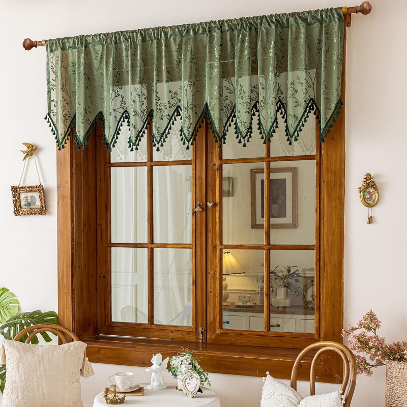 Huierxun Green Lace Triangle Sheer Valance Curtains for Windows Kitchen Living Room Bathroom Bedroom Leaf Embroidered Voile Sheer Rod Pocket Short Window Valance Curtains with Tassels(Green,55"x24") - Image 3