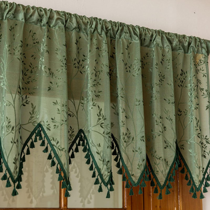 Huierxun Green Lace Triangle Sheer Valance Curtains for Windows Kitchen Living Room Bathroom Bedroom Leaf Embroidered Voile Sheer Rod Pocket Short Window Valance Curtains with Tassels(Green,55"x24") - Image 4