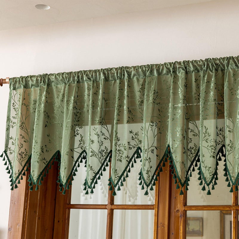 Huierxun Green Lace Triangle Sheer Valance Curtains for Windows Kitchen Living Room Bathroom Bedroom Leaf Embroidered Voile Sheer Rod Pocket Short Window Valance Curtains with Tassels(Green,55"x24") - Image 5