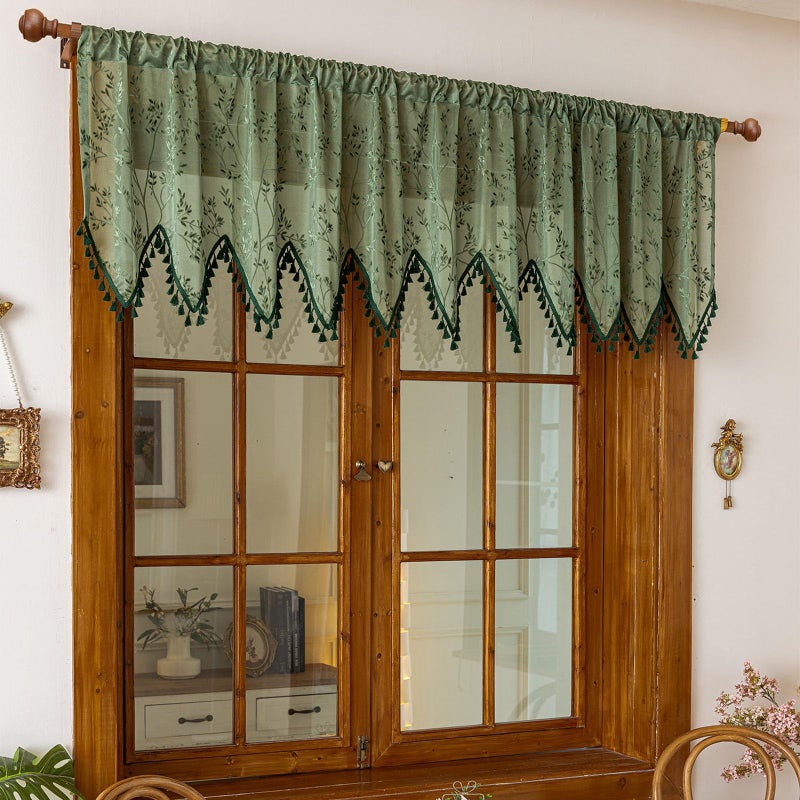 Huierxun Green Lace Triangle Sheer Valance Curtains for Windows Kitchen Living Room Bathroom Bedroom Leaf Embroidered Voile Sheer Rod Pocket Short Window Valance Curtains with Tassels(Green,55"x24") - Image 2
