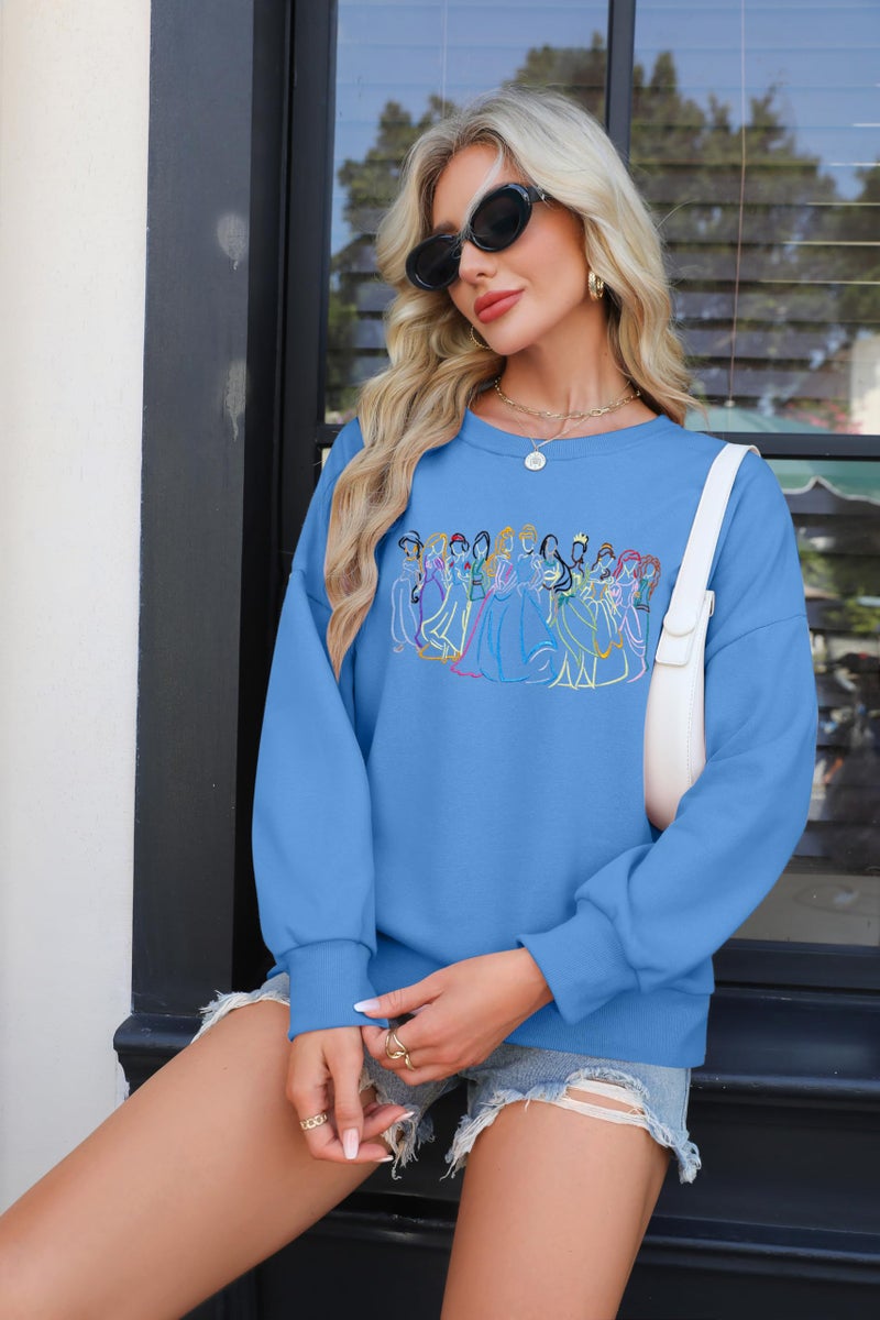 BANGELY Magical Sweatshirt Women Cute Embroidered Magic Princess Sweater Family Vacation Shirt Casual Long Sleeve Top Light Blue - Image 4