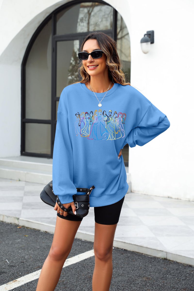 BANGELY Magical Sweatshirt Women Cute Embroidered Magic Princess Sweater Family Vacation Shirt Casual Long Sleeve Top Light Blue - Image 3