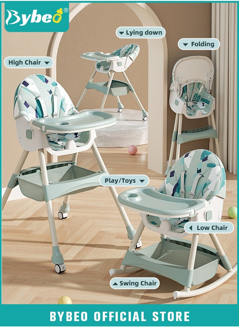 Bybeo 6 in 1 Baby High Chair for Toddlers, Foldable Babies Feeding Chairs, Multifunction Children's Dining Chair for Eating with Double Removable Tray and 4 Wheels and Footrest  - Image 1