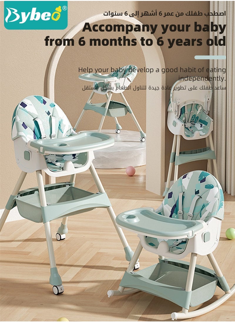 Bybeo 6 in 1 Baby High Chair for Toddlers, Foldable Babies Feeding Chairs, Multifunction Children's Dining Chair for Eating with Double Removable Tray and 4 Wheels and Footrest  - Image 2