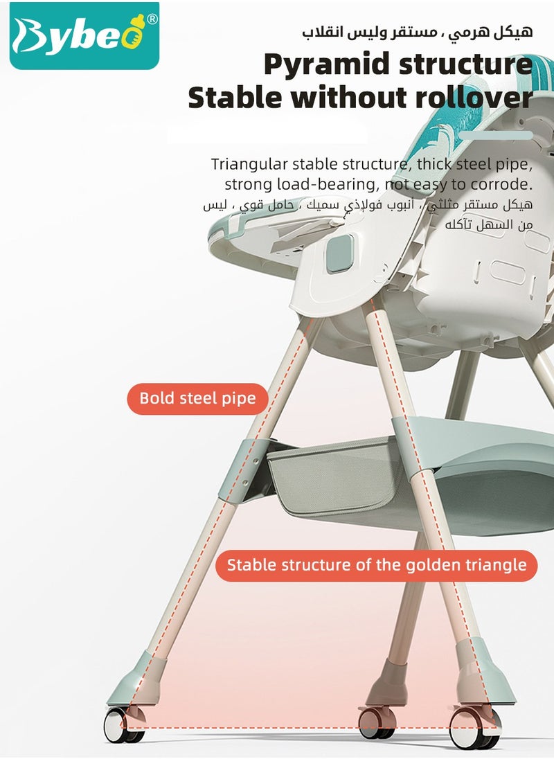 Bybeo - 6 in 1 Baby High Chair for Toddlers, Foldable Babies Feeding Chairs, Multifunction Children's Dining Chair for Eating with Double Removable Tray and 4 Wheels and Footrest - Image 1