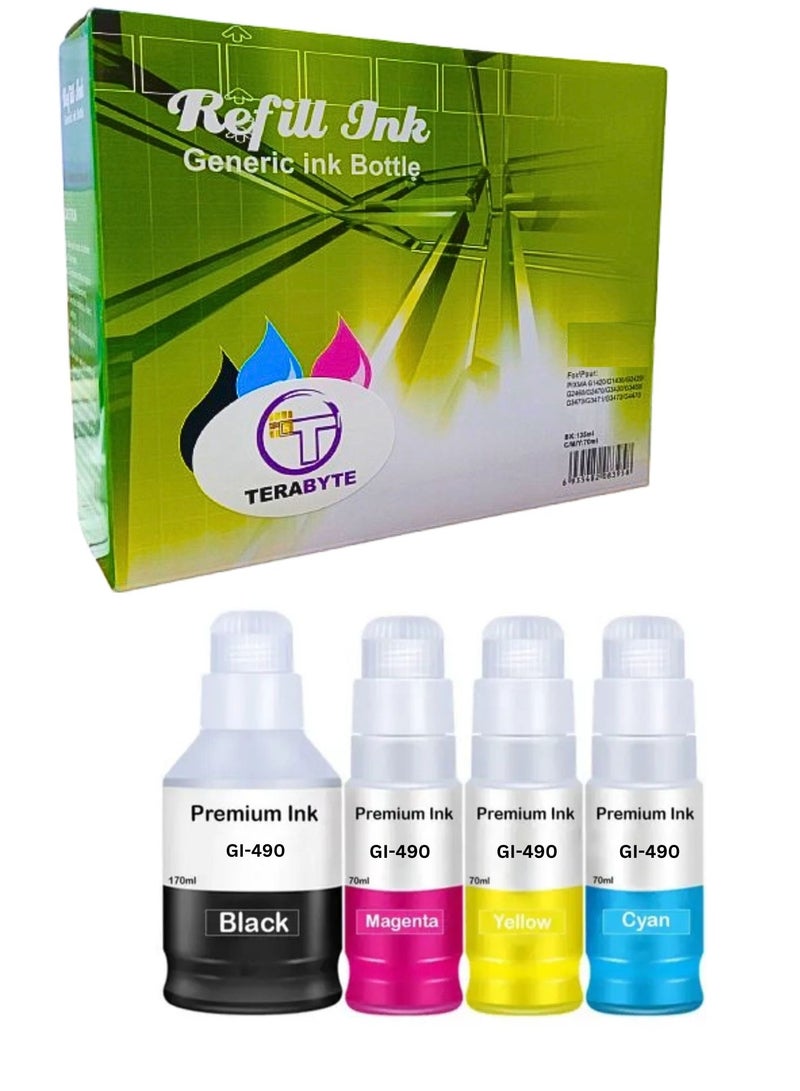 Terabyte GI-490 Compatible with CANON Printer for PIXMA G3400, G2400, G1400, G4400, G4410, G3410, G2410, G1410, G3411, G2411, G1411, G4411(4-Pack Black Cyan Magenta Yellow) - Image 1