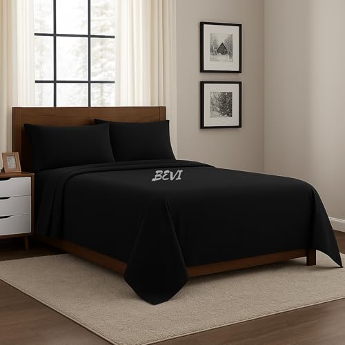 BEVI Bedsheet for Double Bed 300 TC Flat Bedsheet with 2 Pillow Covers Size-(90"x95") Slate Black - Image 1