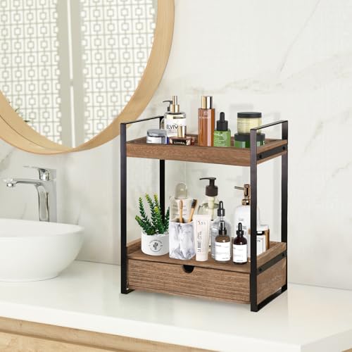 Ukonvi 2-Tier Bathroom Organizer Countertop with Drawer, Wood Counter Shelf for Storage, Vanity Tray for Organization and Decor, Countertop Organizer for Bathroom, Kitchen, Office (Dark Brown) - Image 4