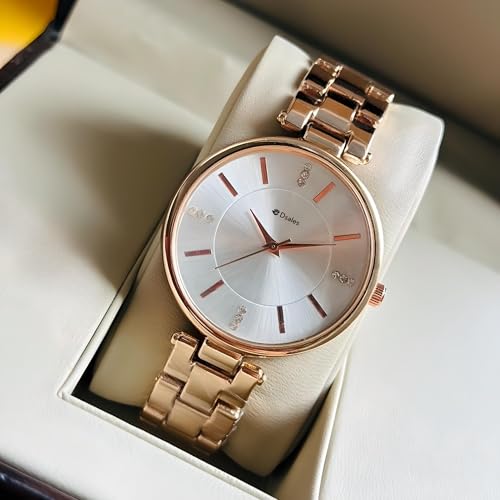 Dsales Women Analogue Wrist Watches for Women's & Girls&Miss&Ladies Diamond Studded Dial Rose Gold Colored Stylish Bracelet Strap (White) - Image 3