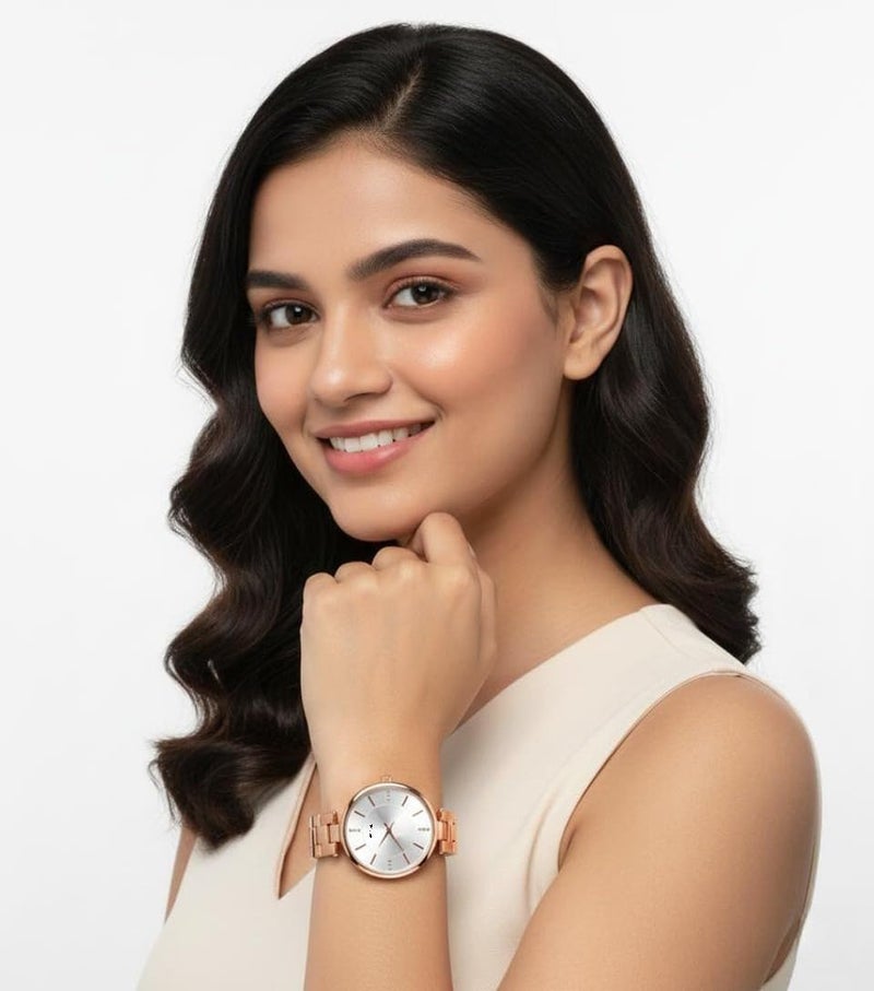 Dsales Women Analogue Wrist Watches for Women's & Girls&Miss&Ladies Diamond Studded Dial Rose Gold Colored Stylish Bracelet Strap (White) - Image 4