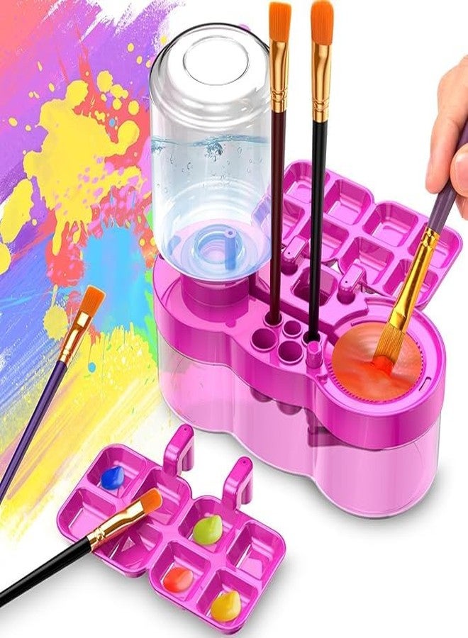 MYSELF Paint Brush Cleaner Tool with Paint Tray, 6-in-1 Painting Supplies, Water Circulation System with Drain and Brush Holder (Pink) - Image 1