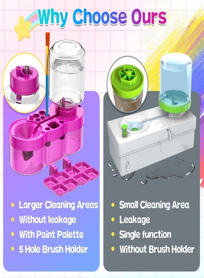 MYSELF Paint Brush Cleaner Tool with Paint Tray, 6-in-1 Painting Supplies, Water Circulation System with Drain and Brush Holder (Pink) - Image 5